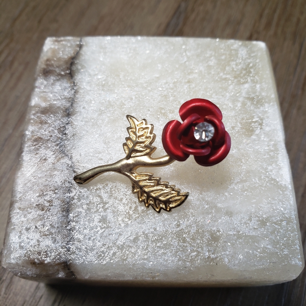 Red Rose Pin With Rhinestone Accent